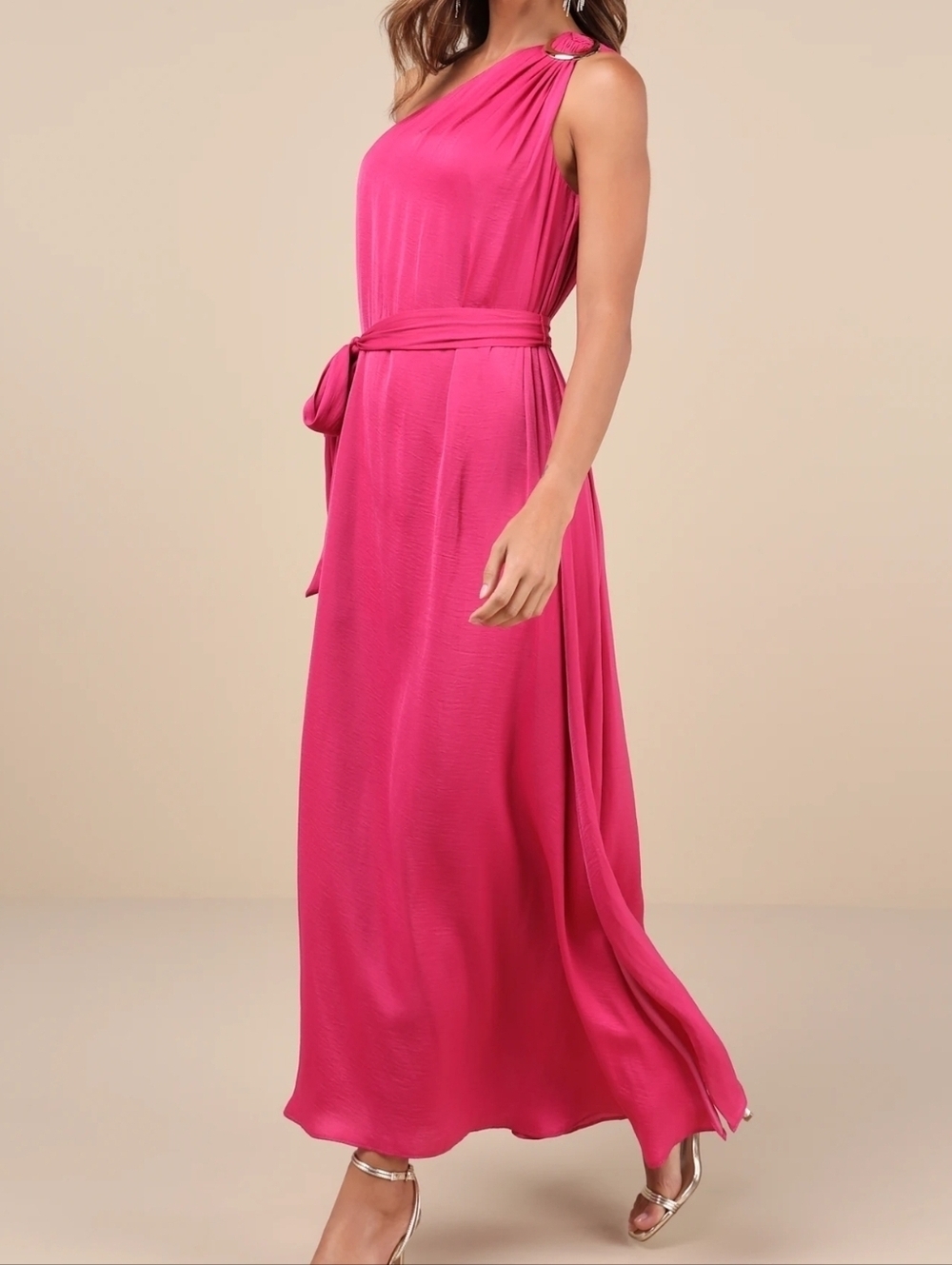 Lulus Goddess Aura Fuchsia Satin One-Shoulder Maxi Dress -XXL- NWT!